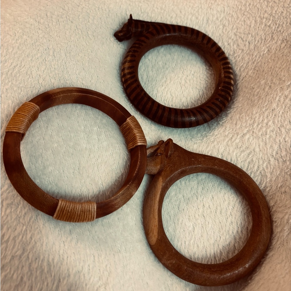 VTG Wooden Hand Carved Bracelets Bangles Giraffe, Elephant, Natural & Woven